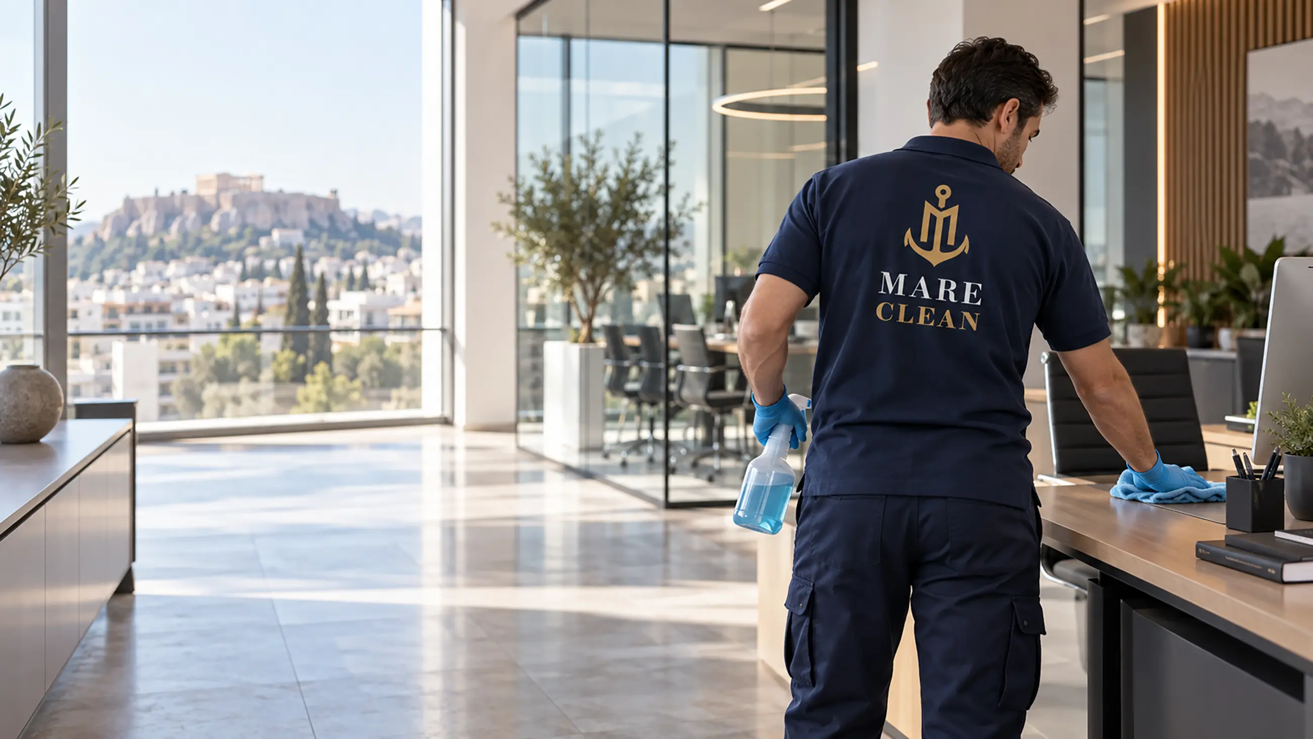 Επαγγελματίας της MARE CLEAN καθαρίζει επιφάνεια γραφείου με θέα την Αθήνα.
